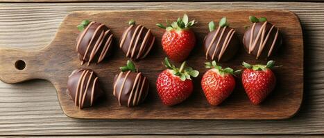 Fresh red strawberries and chocolate covered strawberries on wood serving board. Sweet vegetarian desserts served simply on rustic wooden planks. photo