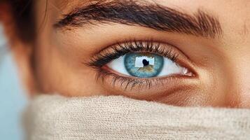 Close up blue eye detail. Beige fabric covers part of face. Skin texture visible. Eyelashes curve upwards. Bright clear iris. Focus on eye. photo