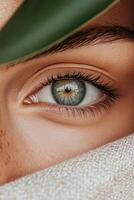 Close up of an eye. Green eye looking forward with detail. Skin and eyebrow visible. Part of a leaf and textile are present. photo