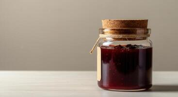 Rustic homemade cherry jam in glass jar with cork lid on neutral background photo