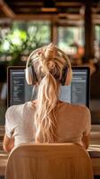 Blonde woman sits using computer wearing headphones. Indoor space with natural light. Back view shows business owner at work. photo