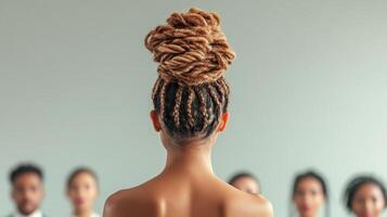 Woman faces team. African ethnicity. Hair in bun. Leader. Business owner in meeting. Light skin. Unity. Teamwork. Group views presentation. Focus on business. photo