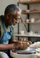 Elderly artisan shaping clay on pottery wheel in workshop photo