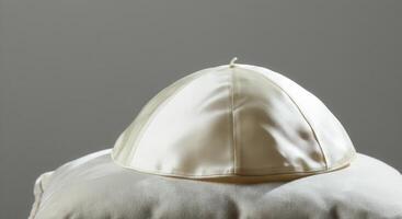Pristine white silk Papal zucchetto skullcap is meticulously placed on a plush cushion, symbolizing a vacant Papal See with quiet dignity photo