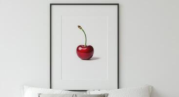 Minimalistic dark red cherry artwork in black frame for modern interior decor photo
