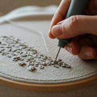 Intricate hand embroidery craft scene with needlework on fabric canvas for creative design inspiration photo