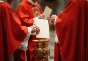 Clergy in red robes holding religious cards during ceremony photo