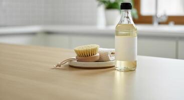 Natural home cleaning products on wooden countertop for eco-friendly living photo