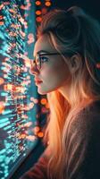 Focused woman with glasses studies data displayed on a screen with blurred lights in background, thinking about business ownership and success. photo