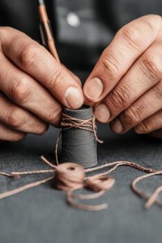 Hands wrap fiber around gray object. Cord spreads over surface. Close view craftwork and fine material around a solid form. photo