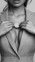 Elegant woman opens jacket. Close up of business owner showing confidence in classic attire. Stylish female leader ready for opportunity. photo