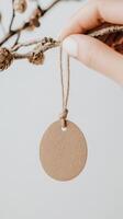 Hand holds brown label attached string. Decorative branch with cones. Minimalist background. Small business product tag display. photo
