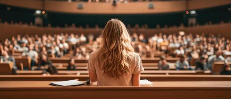 Female speaker addresses large audience. Back view shows woman stands at lectern. Room full of attentive people. Concept business presentation or lecture. photo