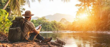 A traveler captures the beauty of nature through sketches while seated by a tranquil river surrounded by vibrant tropical plants during golden hour photo