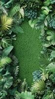 Dense layers of lush tropical leaves surround a vivid green carpet, creating a tranquil and refreshing atmosphere reminiscent of a jungle oasis photo
