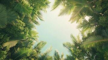 Umbrella of vibrant palm leaves creates a calming atmosphere, showcasing lush greenery and the peaceful interaction of sunlight in a tropical landscape photo