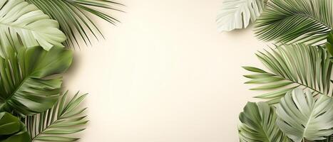 Vibrant tropical leaves create a natural frame against a soft background, perfect for any nature-inspired project or decoration showcasing lush greenery photo