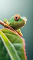 Bright green lizard rests on a tropical leaf, showcasing its vivid colors against a blurred background of rich jungle foliage in a serene environment photo