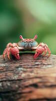 This tropical crab, with striking colors and unique patterns, rests on a rustic log, surrounded by lush greenery in a vibrant jungle atmosphere photo