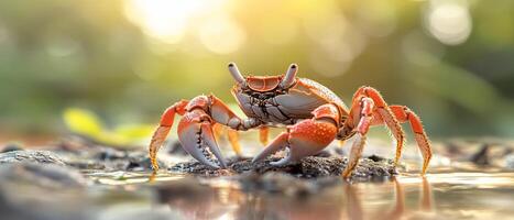 A vibrant crab navigates a tropical marsh as the sun sets, creating a beautiful bokeh effect that accentuates its colorful shell and the lush environment photo