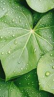 Vibrant green leaves covered in water droplets convey a refreshing ambiance in a tropical jungle, capturing the essence of nature's beauty and vitality photo