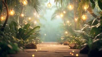 A tranquil pathway through a vibrant tropical jungle adorned with glowing string lights, evoking a serene, enchanting ambiance during twilight hours photo