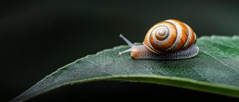 A vibrant snail explores a lush green leaf in a tropical jungle, showcasing its colorful shell against the serene backdrop of nature photo