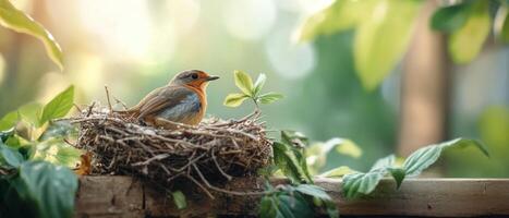 A small bird sits peacefully in its nest, surrounded by rich greenery and illuminated by gentle sunlight in a tropical jungle environment photo