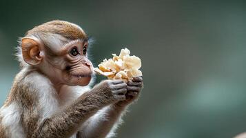 A playful monkey holds a piece of food, surrounded by the lush greenery of its tropical jungle habitat, highlighting wildlife and natural beauty photo