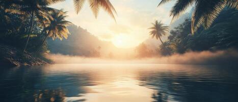 Glistening water reflects a vibrant sunrise, illuminating a tropical river framed by graceful palm trees and misty mountains in a peaceful jungle setting photo