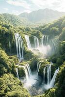 Cascading waterfalls flow gracefully into serene pools amidst a vibrant tropical jungle landscape, showcasing nature's breathtaking beauty in a mountainous setting photo
