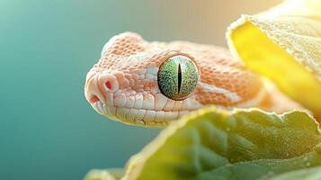A striking green-eyed snake rests amid lush tropical foliage, showcasing its delicate scales and unique patterns in a vibrant jungle environment photo