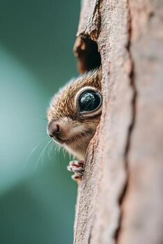 A small squirrel curiously peeks from a tree bark in a vibrant tropical jungle, capturing the essence of wildlife in its natural habitat during daylight hours photo