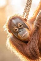 An orangutan swings gently from a rope in a lush tropical jungle photo