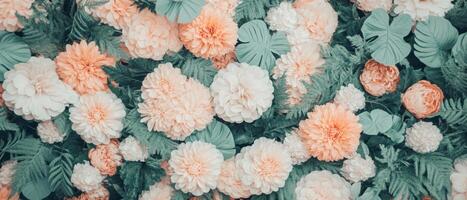 Vibrant peach and white flowers blend beautifully with rich green leaves, creating a stunning floral backdrop perfect for spring celebrations or garden themes photo