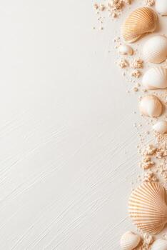 Delicate coastal shells are artistically placed along a light sandy surface, evoking feelings of tranquility and a connection to beach and ocean themes photo