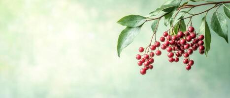 Fresh red berries dangle from a lush green branch, creating a striking contrast against a serene pastel backdrop, perfect for seasonal and natural themes photo