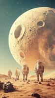 Astronauts walk on a planet under a big moon. Space explorers journey across the surface of an alien world. Travelers explore a desert planet. photo