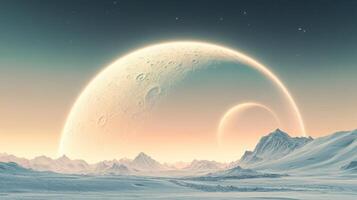 Icy planet surface with mountain ranges and two glowing celestial bodies in the sky and star dust above during dusk. photo