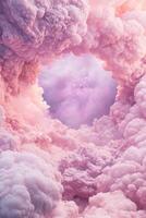 Fluffy pink clouds surround a luminous center. Delicate pastel colors create a dreamy and ethereal atmosphere. A celestial and soft abstract vision emerges. photo
