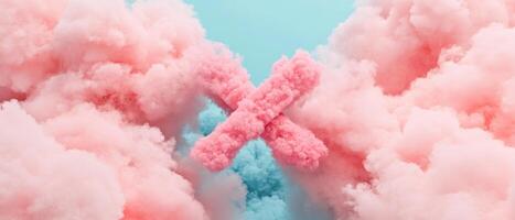 Pink clouds forming X shape. Soft pastel color palette with blue background. Fluffy smoke texture. Dreamy abstract design element. Light airy atmosphere. photo