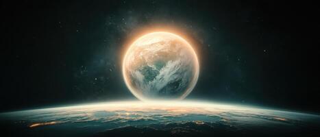 Distant planet rises above horizon. Outer space background with many stars. Sunlight shines on a large sphere. View from space. photo