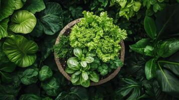 Green plants grow in a circle pot surrounded by many different leaves. Leaves are a natural and lush color. The image is a high angle view. photo