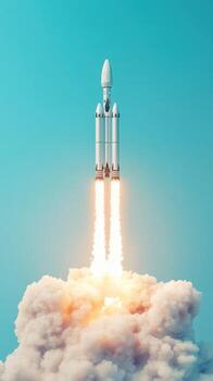 White rocket ascends upwards, flames erupting below. Heavy smoke and turquoise skies create dramatic launch sequence. Space exploration concept. photo