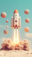 Rocketship takes flight over sandy surface with distant planet shapes and bright blue sky background with soft white clouds. photo