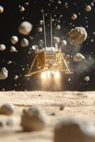 Spacecraft descends onto dusty planet surface. Engines ignite, dust flies. Distant floating rocks. Landing module on a dark terrain with rocks. photo