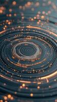 Circular grey layered structure with glowing orange lights. Abstract concentric circles with digital circuit pattern. Rings and data dots shining in dark background. photo