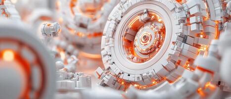 Abstract white geometric shapes with orange glowing light. Complex machine parts floating on a white background. Technology concept for background art. photo