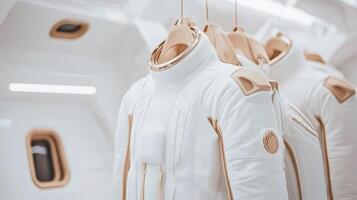 White space suits hang in bright interior. Outfits for interstellar travel ready. Exploration equipment. Preparing for space mission inside vehicle cabin. Modern uniform for astronaut. photo