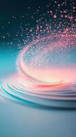 Abstract swirl of particles emanates above circular waves. Pastel pink and blue hues create soft, flowing visual design. Light dances on fluid surface. photo